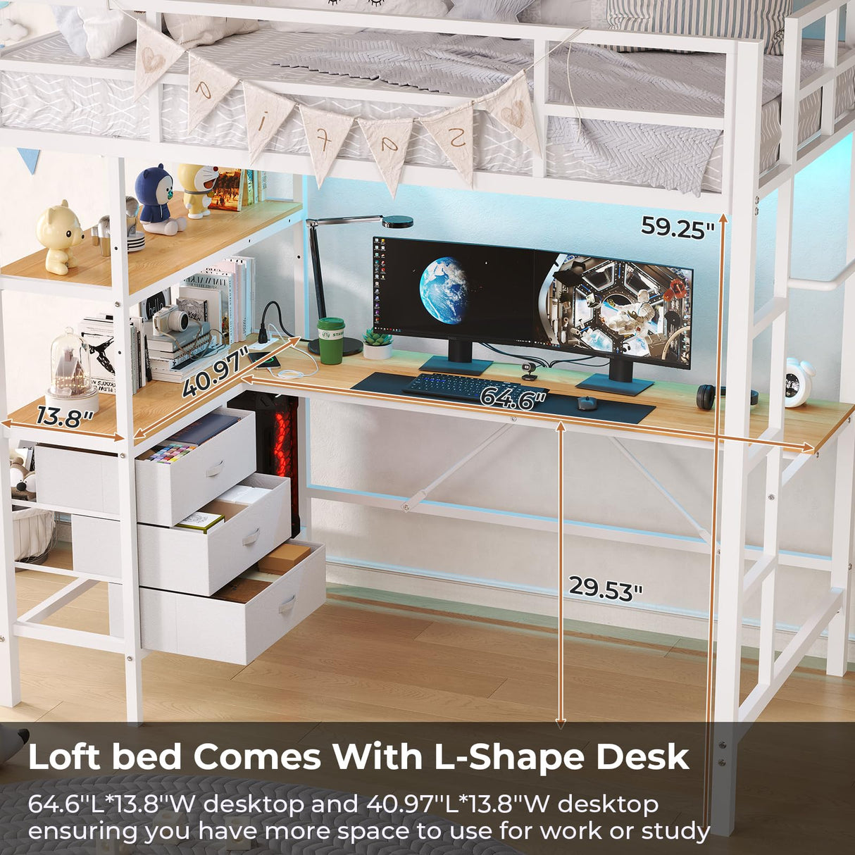 DICTAC Twin Loft Bed with L-Shaped Desk, LED Lights & Charging Station – Space-Saving Metal Frame with Storage Shelves & Drawers in White DICTAC