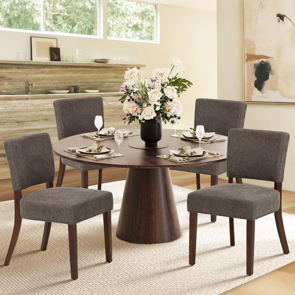 COLAMY Mid Century Modern Dining Chairs Set of 4, Upholstered Kitchen Chairs with Back, Farmhouse Fabric Side Dining Room Chairs with Wood Legs for Dining Room Kitchen Restaurant, Brown COLAMY