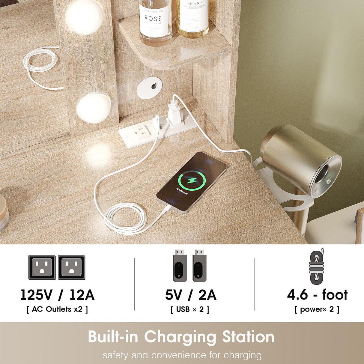 Vabches Vanity Desk with Mirror and Lights,Makeup Vanity Table with Charging Station,2 Drawer Bedroom Dressing Table with 3 Colors Modes Dimming & Cushioned Stool,Natural Oak Vabches