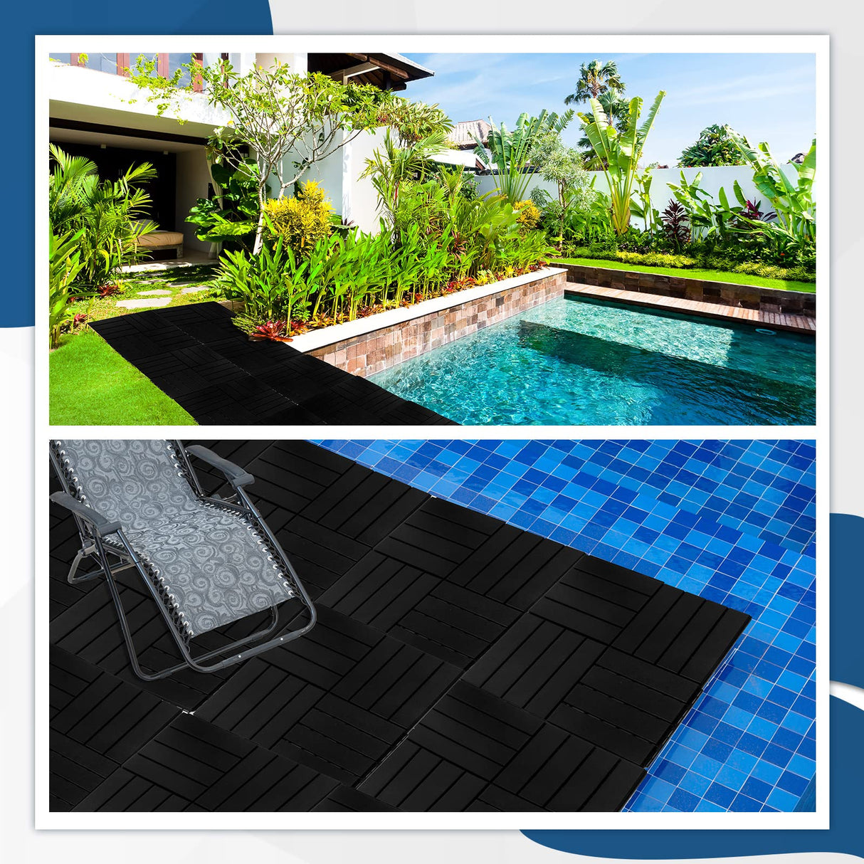 Treela 48 Pcs Plastic Interlocking Deck Tiles 12 x 12 Inch Patio Deck Tiles Waterproof Outdoor Flooring Composite Decking Boards Floor Decking Tiles for Porch Poolside Balcony Backyard (Black) Treela