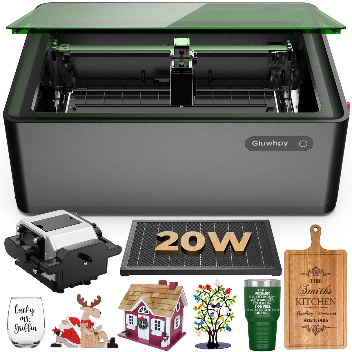 Gluwphy Class 1 20000mV(20W) Enclosed Engraving Machine with Air Assist Honeycomb, Turbo Fan Filtering Laser Cutter for Wood, Metal, Acrylic, Leather, Black Gluwphy