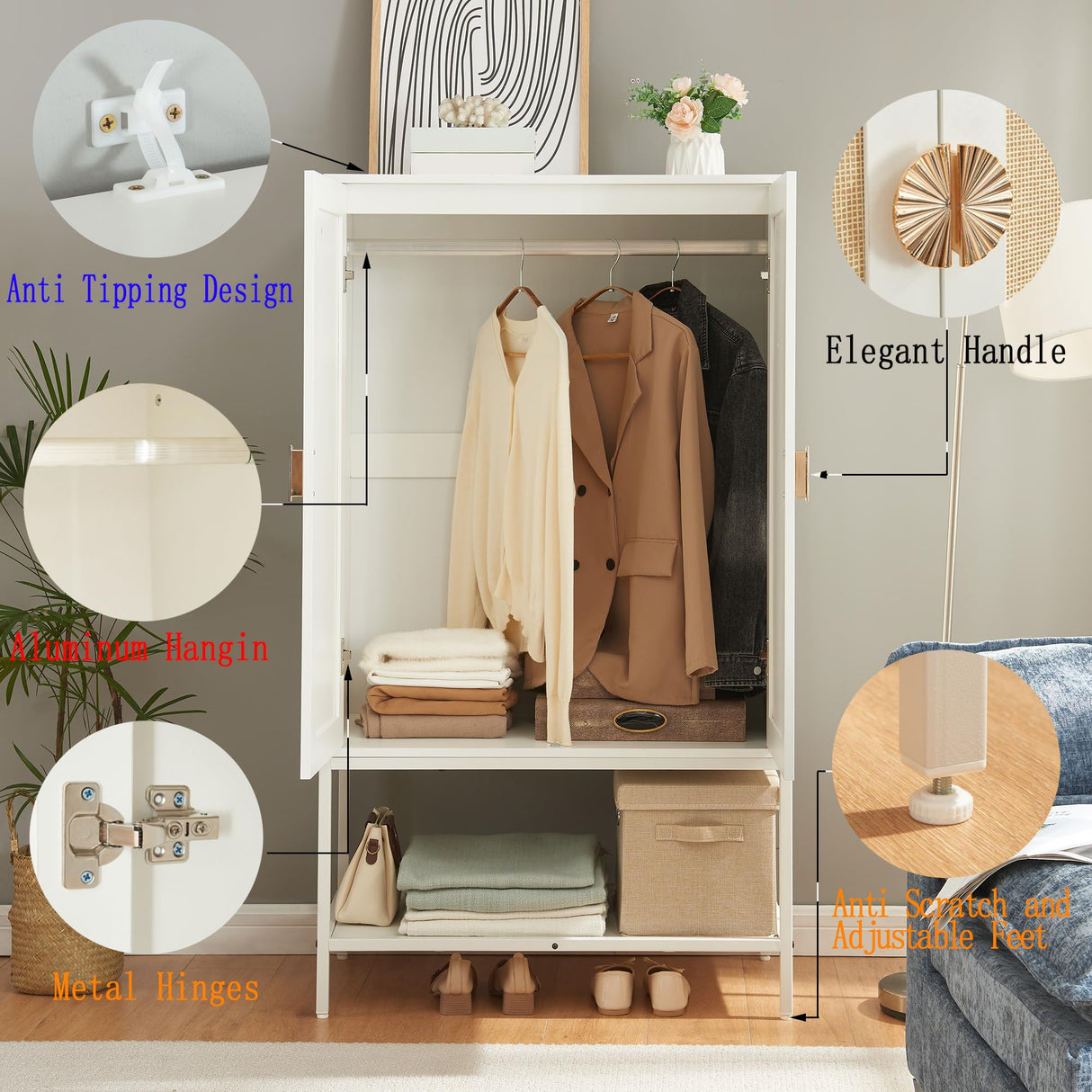 MtuxuYR Natural Rattan Wardrobe Closet,Elegant Handle Bedroom Armoire with Aluminum Hanging Rod,Wooden Freestanding Wardrobe Armoires with 2 Doors for Apartment Office(White) MtuxuYR