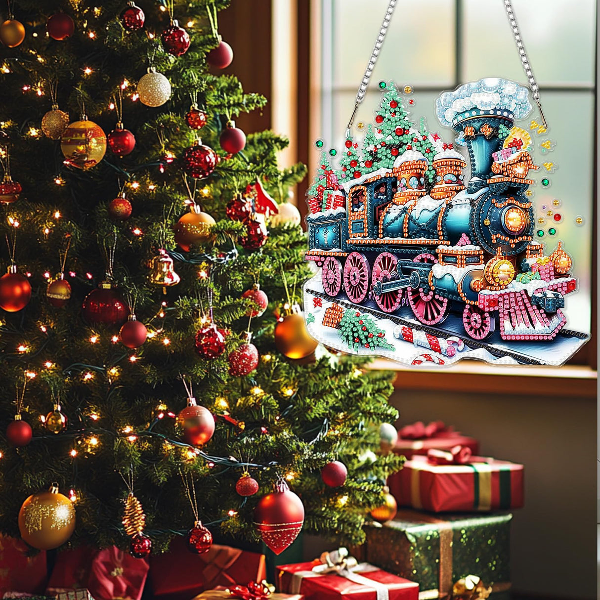 SENQAO Christmas Diamond Art Hanging Kits for Adults Kids, Christmas Train Diamond Art Suncatchers, 5D Special Shape Diamond Painting Pendant Window Ornament Gifts for Home Door Wall Decor SENQAO