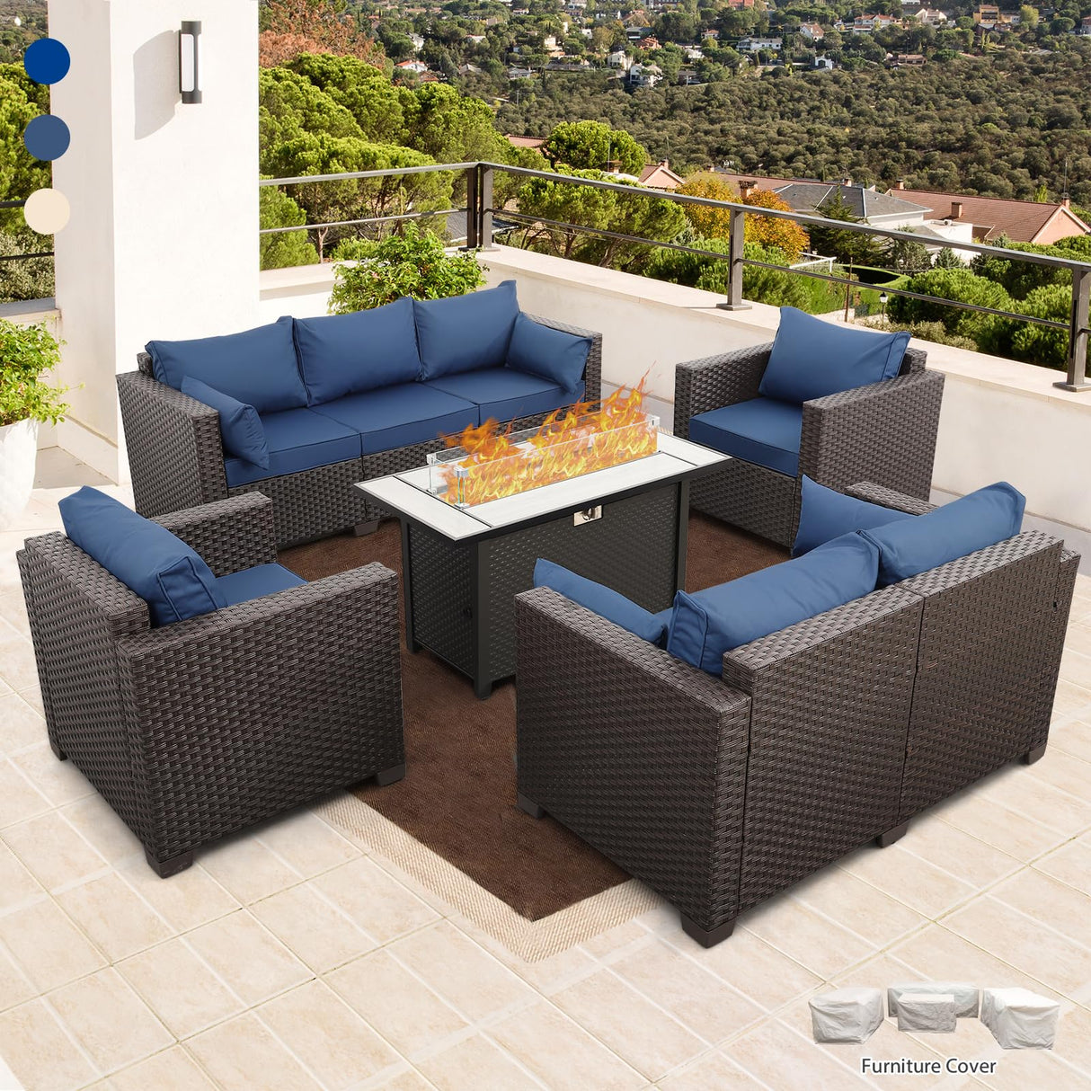 Rattaner 5-Piece Outdoor Patio Furniture 45 in Outdoor Fire Pits Patio Furniture Set 60000 BTU Outdoor Propane Fire Pit No-Slip Cushions Waterproof Covers, Navy Blue Rattaner