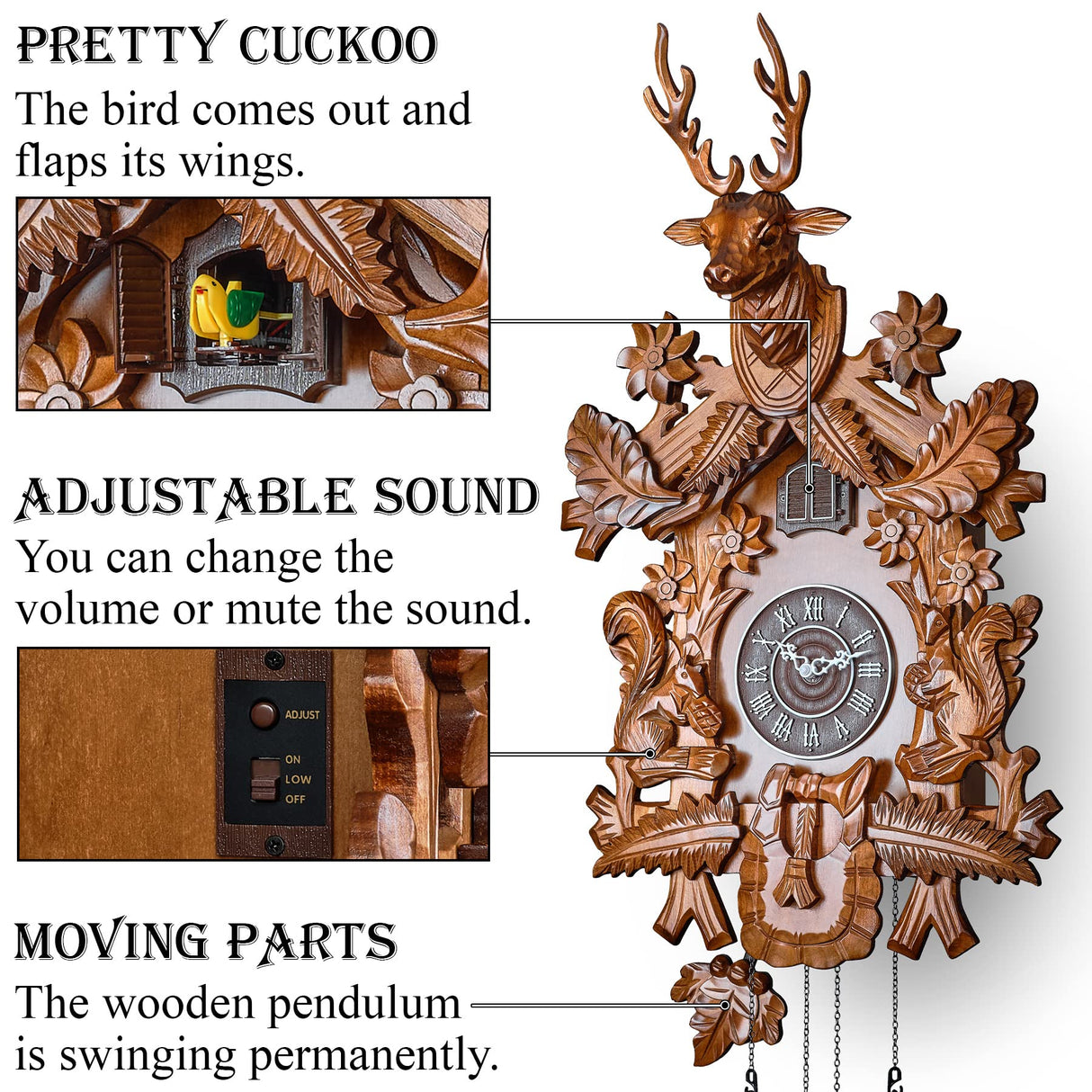 TIMEGEAR Cuckoo Clock with Automatic Night Mode, Hand Carved Deer Head and Wooden Decorations (Brown) TIMEGEAR