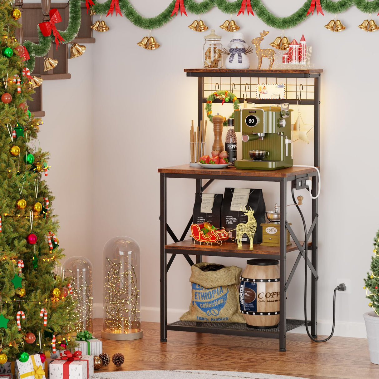 Furologee Bakers Rack with Power Outlet and LED Light, Small Microwave Stand with 4 Tier Shelves, Coffee Bar Station Table with 6 S Hooks, Kitchen Storage Rack for Spices, Pots, Rustic Brown Furologee