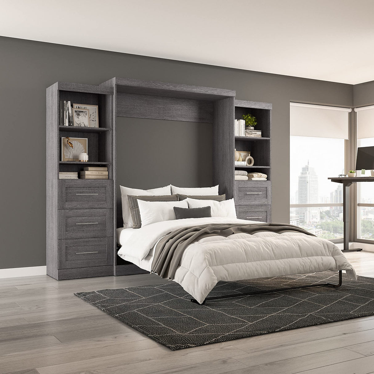 Bestar Pur Queen Murphy Bed and 2 Shelving Units with Drawers, 115-inch Space-Saving Sleeping Arrangement in Bark Grey Bestar