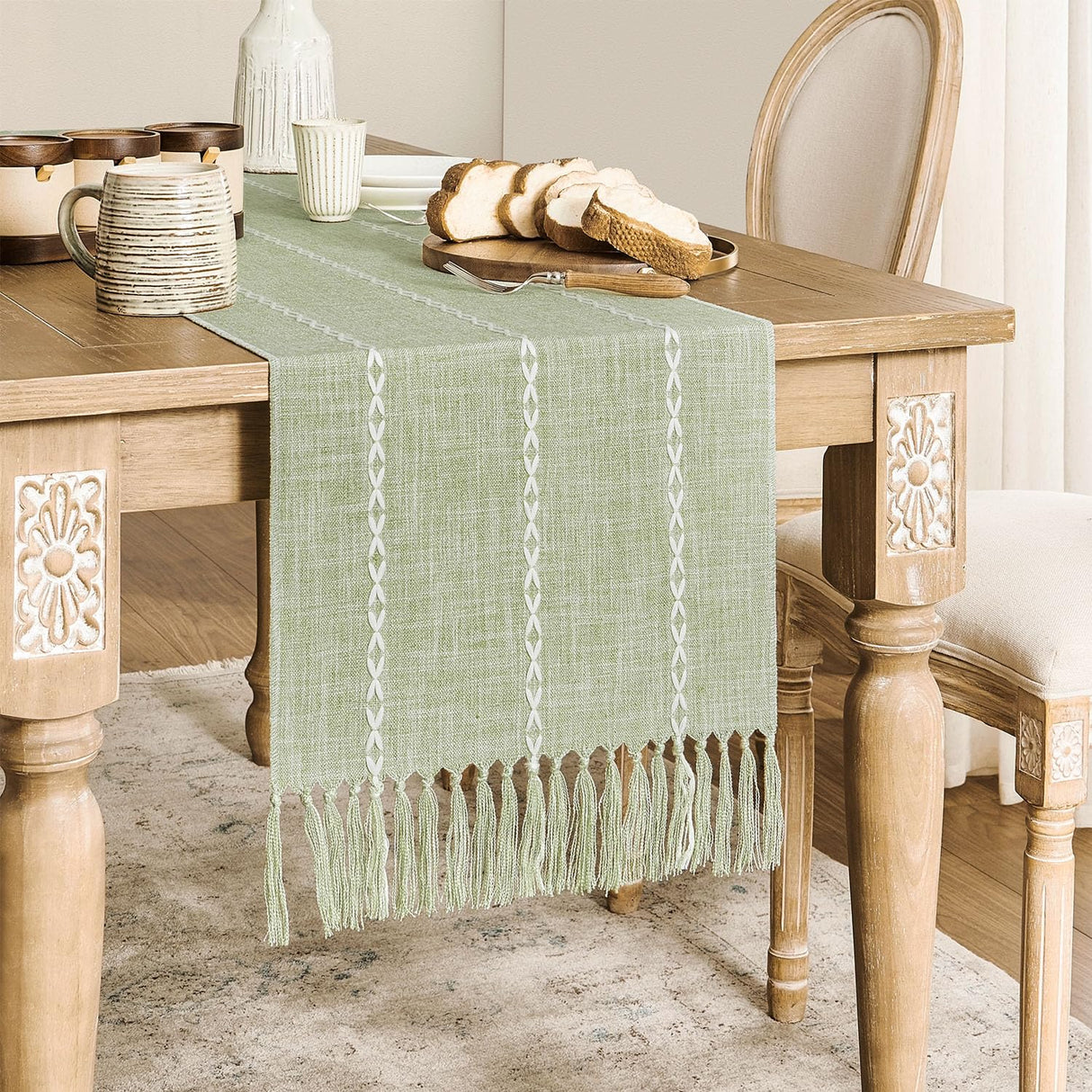 ZeeMart Farmhouse Braided Striped Table Runner, Rustic Sage Green Table Runners 72 Inches Long Boho Home Decor, Desert Sage 15x72 Inches ZeeMart