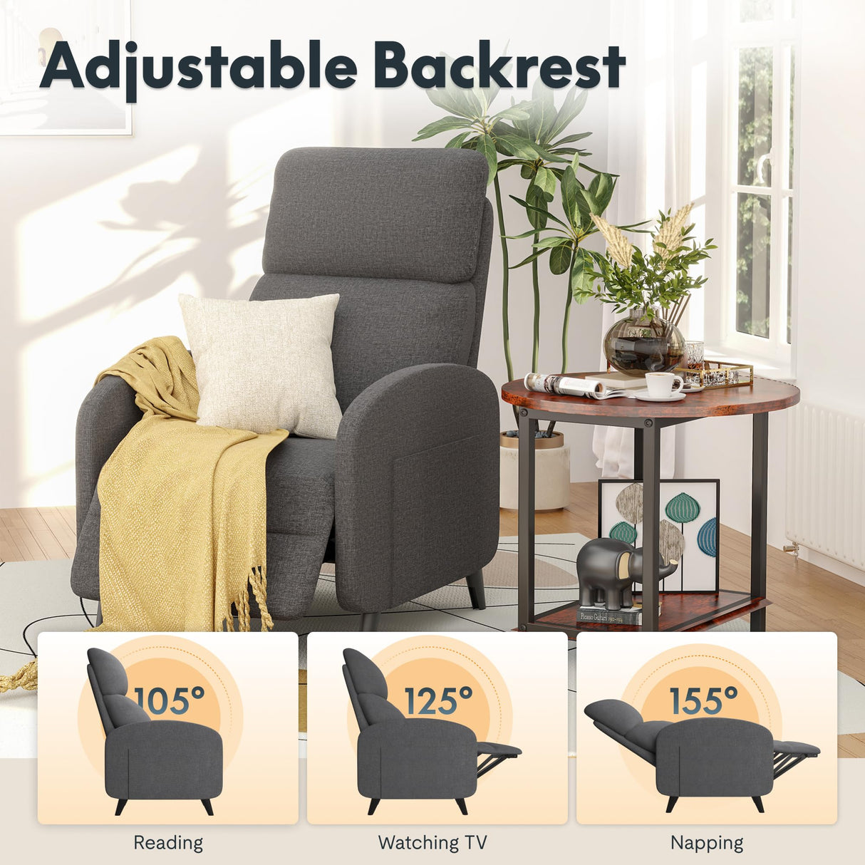 FLEXISPOT XC2 Recliner Chair for Adults, Fabric Small Reclining Chair Home Theater Seating with Side Pockets, Adjustable Modern Single Sofa Armchair, Extended Footrest for Living Room(Gray) FLEXISPOT