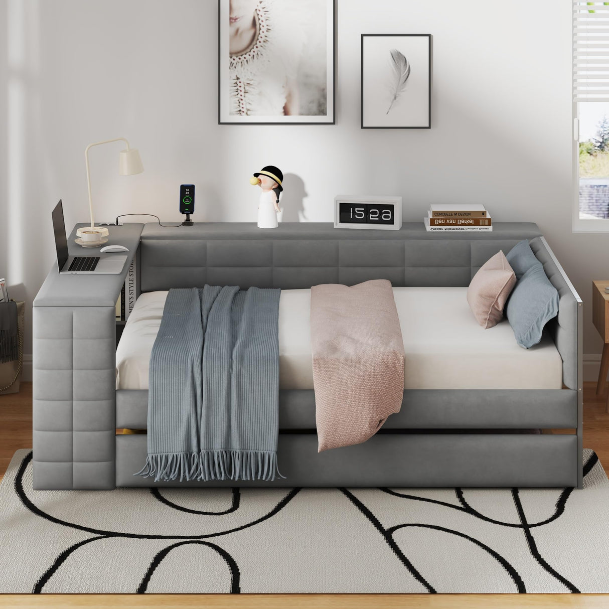 Merax Full Size Velvet Fabric Upholstered Platform Bed with Storage Shelves, Built-in Desk, USB Charging Station & Twin Trundle, Space-Saving Bed Frame for Small Rooms, Grey Merax