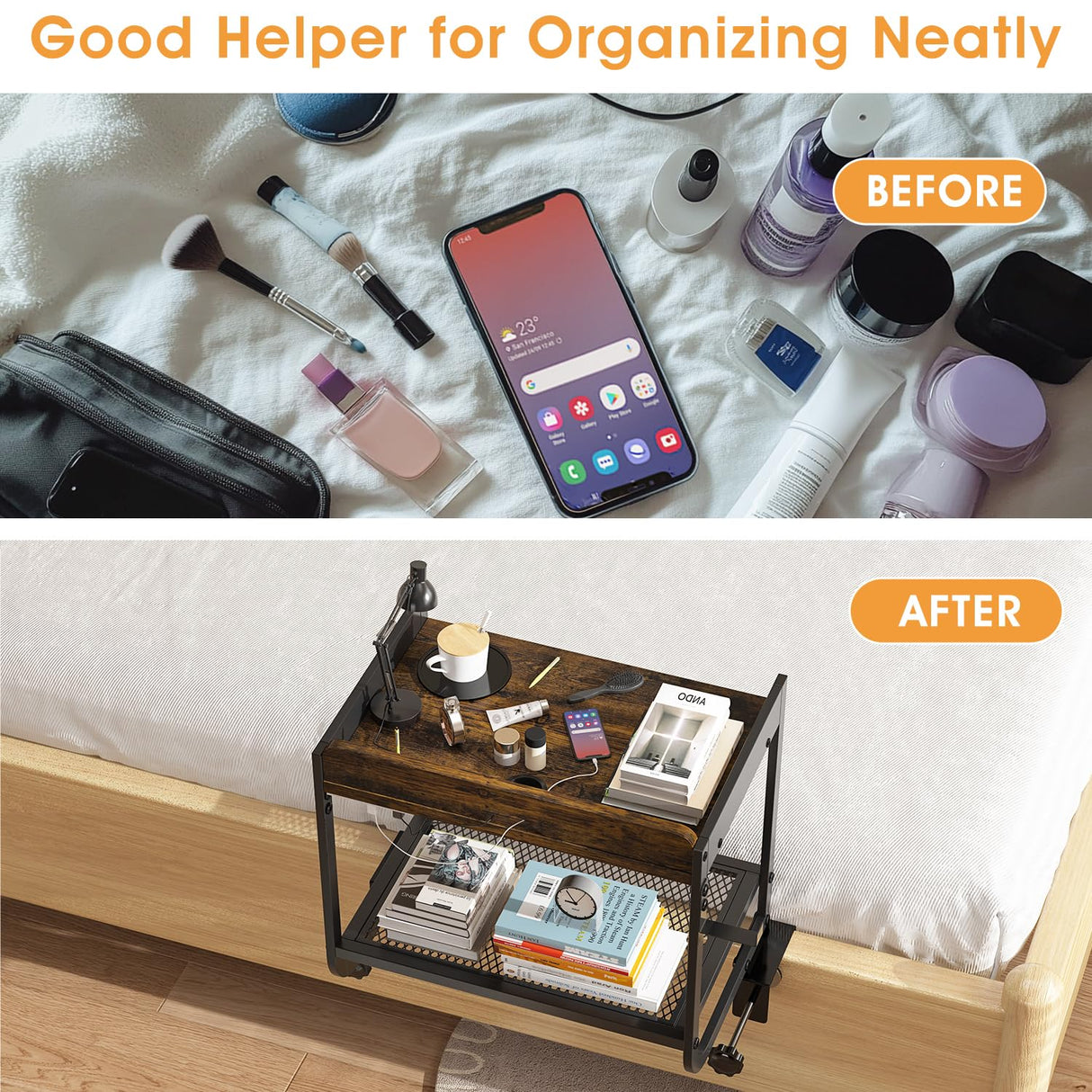 CAORE 2 Tier Bedside Shelf, Loft&Bunk Bed Table, Clip-On Nightstand for Small Spaces,College Dorm Essentials,Bunk Bed Shelf for Storing Water/Books/Tablets(Brown) CAORE