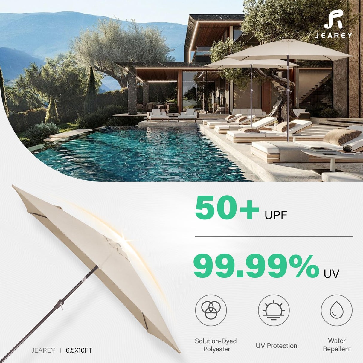 JEAREY 6.5x10 ft Rectangular Patio Umbrellas Outdoor Market Umbrella with Push Button Tilt and Crank, Rectangle Table Umbrella 6 Sturdy Ribs UV Protection for Pool Garden Backyard Deck, Beige JEAREY