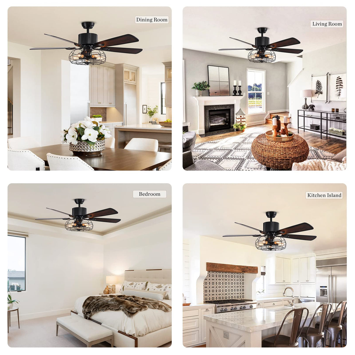 APBEAMLighting Industrial Caged Ceiling Fan Light with Remote Control 52 Inch Vintage Ceiling Fan Light Farmhouse Black Retro Indoor Fandelier with 5 Reversible Wood Blades for Living Room Bedroom APBEAMLighting