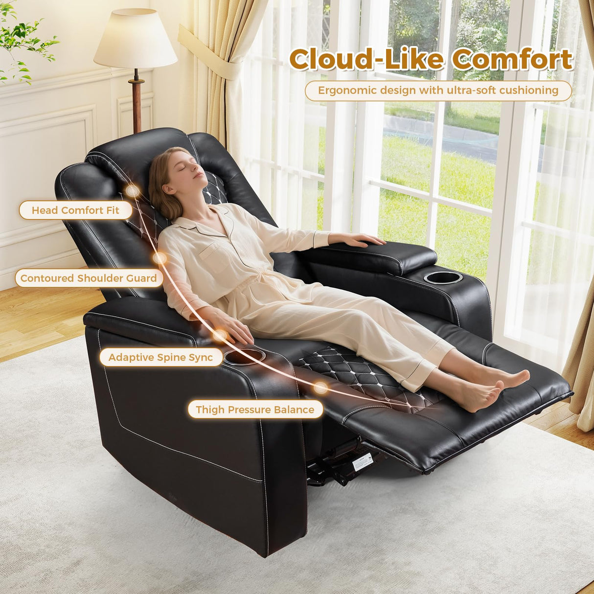 ANJ Power Recliner Chair with USB Ports and Cup Holders - Overstuffed Electric Home Theater Seating PU Leather Reclining Furniture with Hidden Arm Storage, Easy to Clean (Set of 2, Black) ANJ