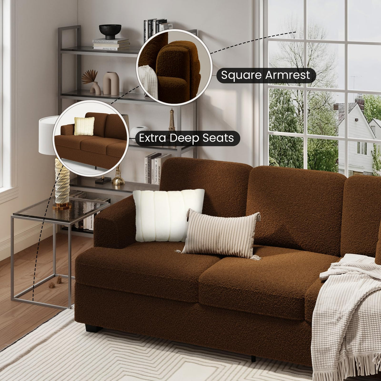 KKL 89 in Couches for Living Room, Modern Couch with Deep Seat, Home Sofa Living Room, 3 Seater Couch with Firm Structure, Comfy Couch, Brown Bouclé KKL