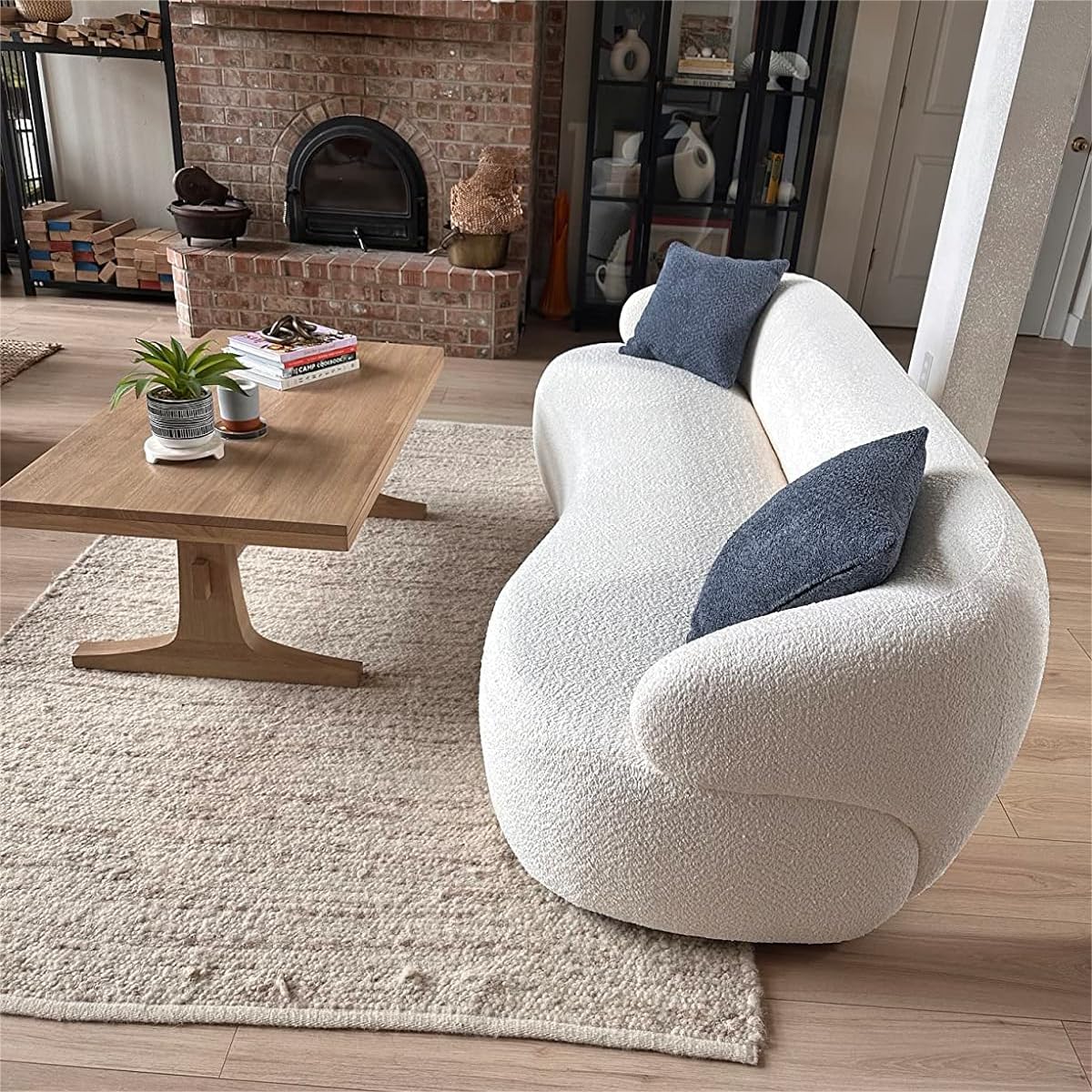 KEVINSPACE 86.61" Curved Sofa, Mid Century Modern Living Room Sofa, 3 Seater Boucle Couch with 2 Pillows, Luxury Curved Back Sofa Cream Couch for Bedroom, Office, Apartment, Beige KEVINSPACE