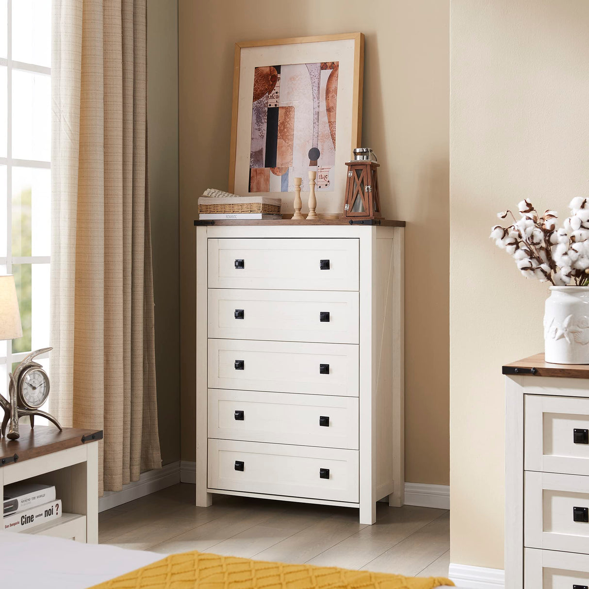 T4TREAM Farmhouse 5 Drawers Dresser Chests for Bedroom, Wood Rustic Tall Chest of Drawers, Dressers Organizer for Bedroom, Living Room, Hallway, Antique White T4TREAM