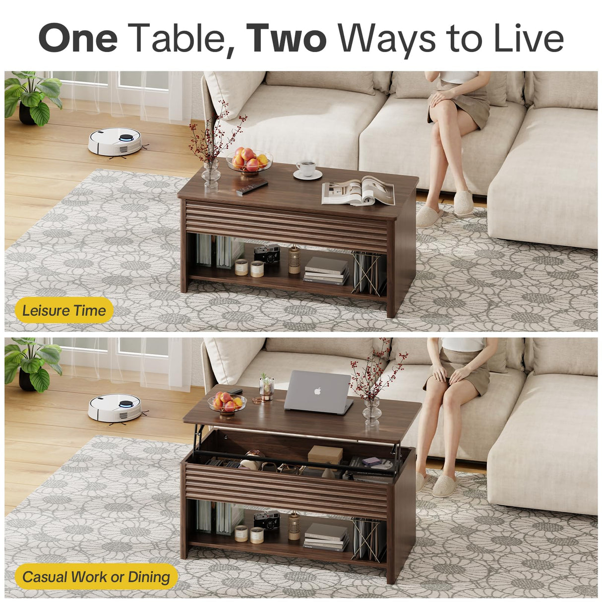 Fluted Lift Top Coffee Table for Living Room, Small Coffee Table with Storage Hydraulic Lift Large Capacity, Sturdy Legs Safe Round Corner, Easy Assembly for Small Spaces, Horizontal Grain-Brown RUMBALUXY