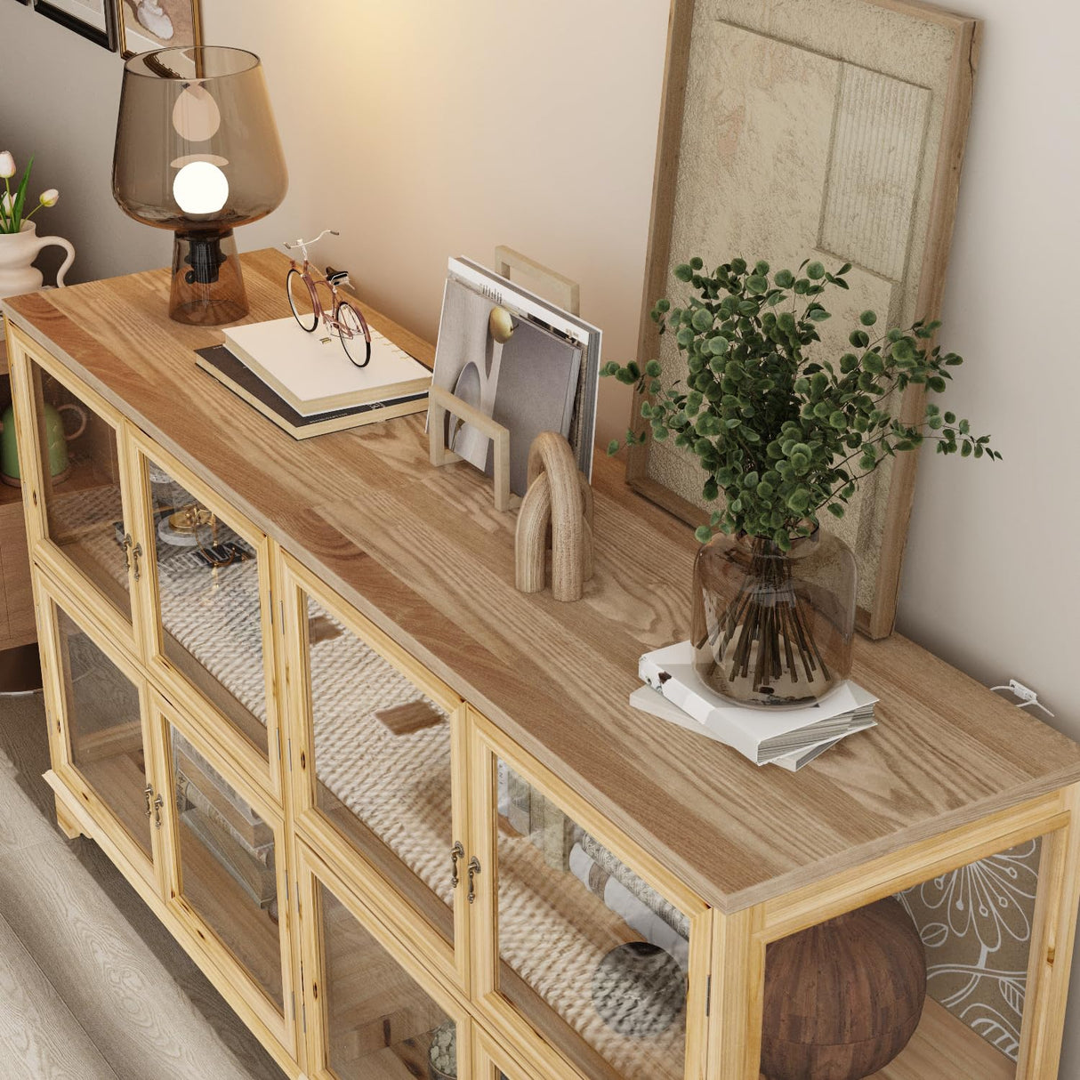 WOODTIME 78.7" W Wooden Sideboard with 8 Glass Doors & Fir Wood Frame, Storage Curio Display Cabinet with Patterned Backpanel, Coffee Bar Cabinet for Living Room Home Office, Brown WOODTIME