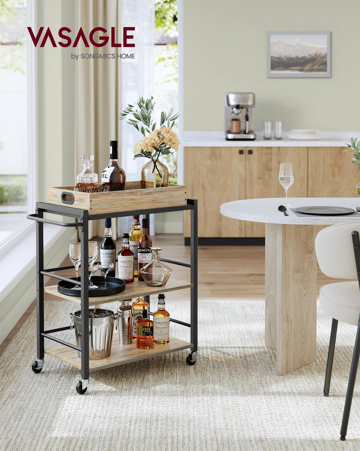 VASAGLE Kitchen Serving Cart with Removable Tray, 3-Tier Kitchen Utility Cart on Wheels with Storage, with Brakes, Leveling Feet, 15.7 x 28.3 x 33.9 Inches, Turquoise Brown and Ink Black ULRC072K60 VASAGLE