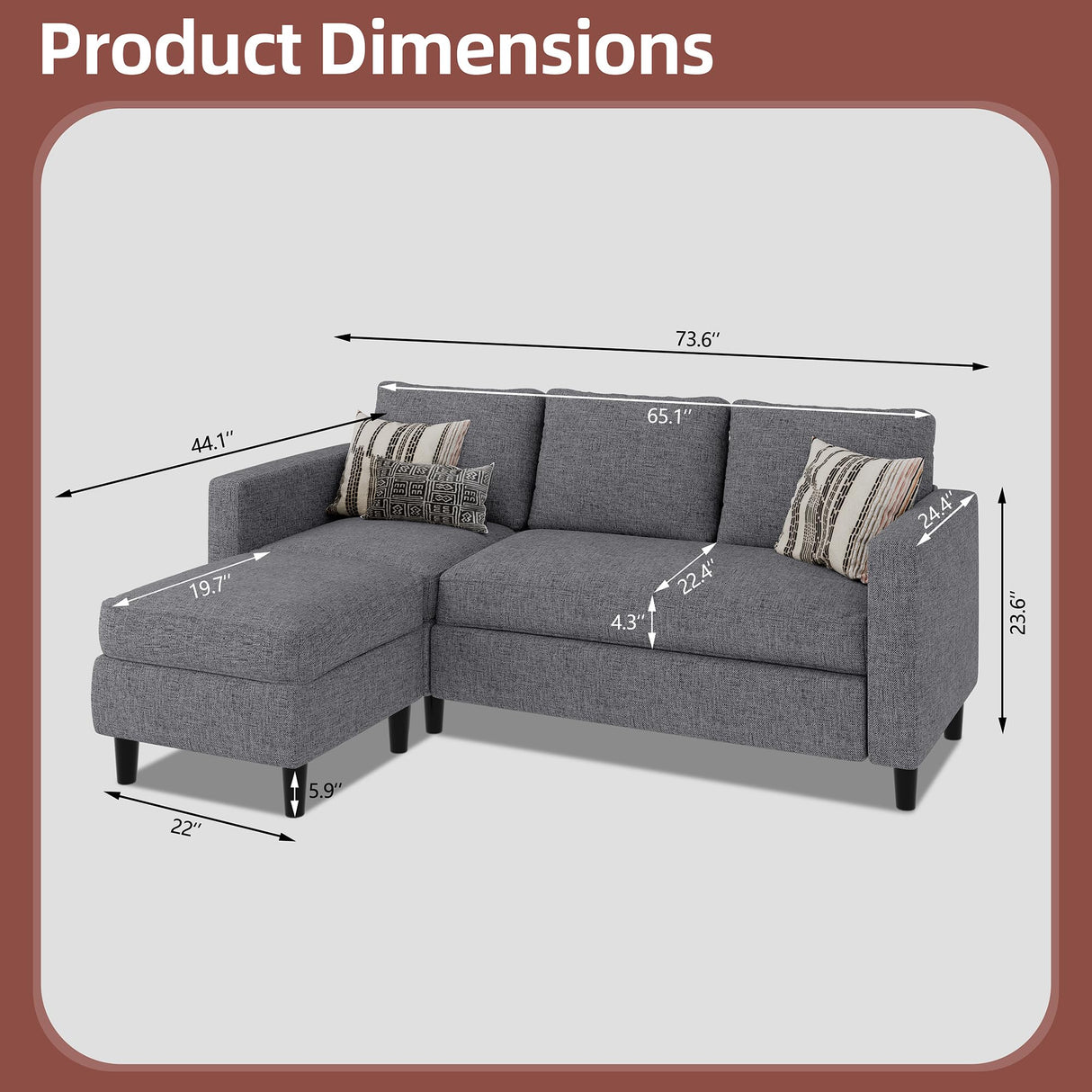 JAMFLY Sectional Sofa Couch Convertible L Shaped Sofas with Ottoman Small Sectional Couches for Living Room, 3 Seater Couch for Small Spaces, Dark Grey JAMFLY