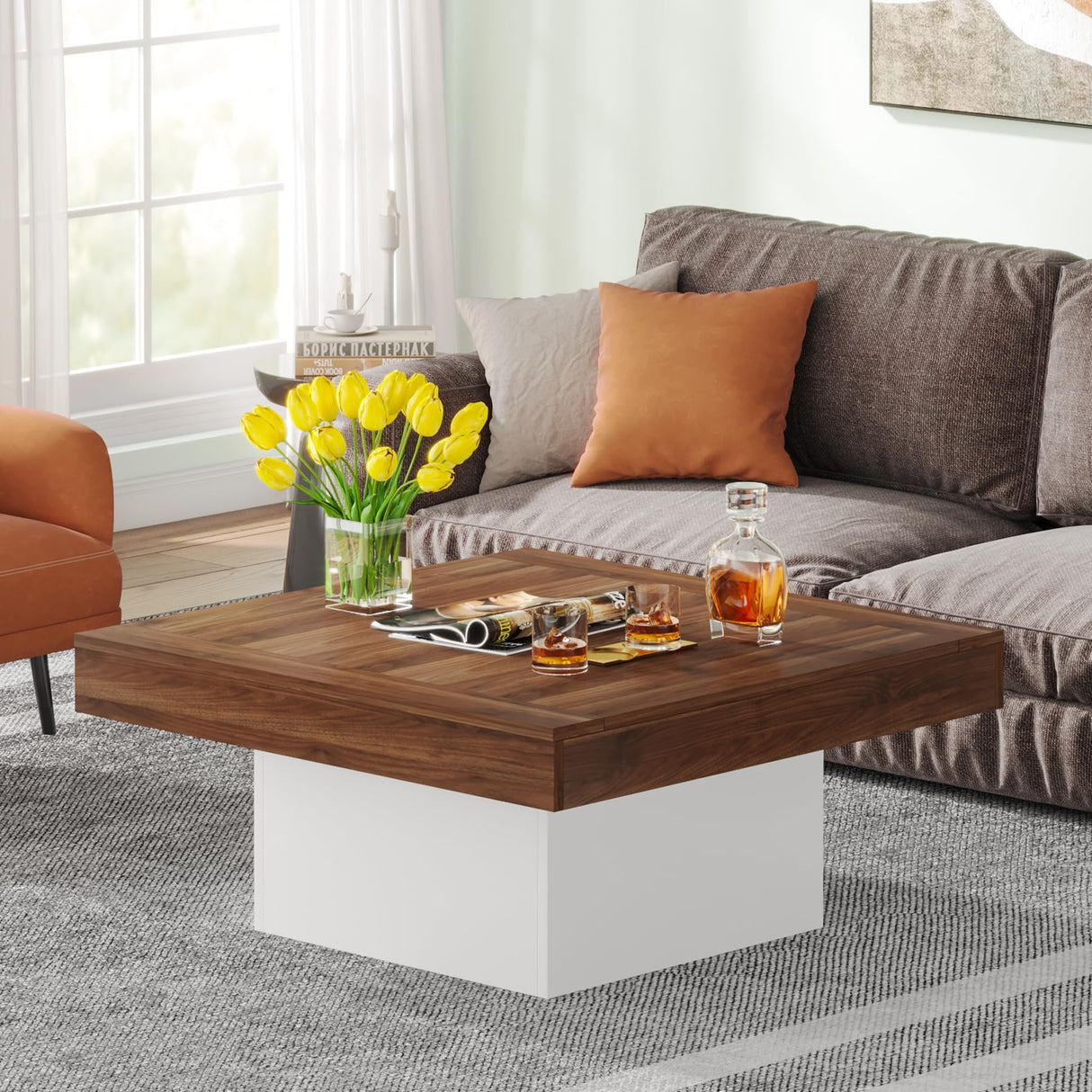 Tribesigns Coffee Table Square LED Coffee Table Engineered Wood Low Coffee Table for Living Room (Retro Brown+White) Tribesigns