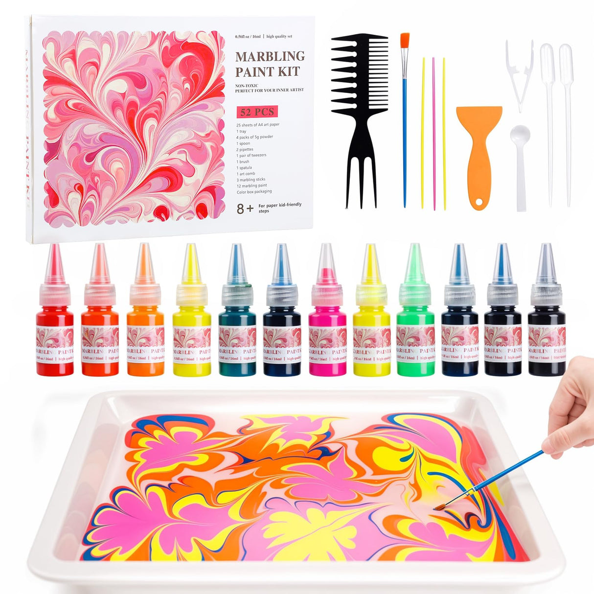 Marbling Paint Art Kit for Kids, Arts and Crafts Set for Girls & Boys Ages 8-12, Craft Kits with 16ml-12pcs & 25 Papers, Art Supplies, Birthday Gifts & Creative Toys for Kids Age 8 9 10 Year TMOL