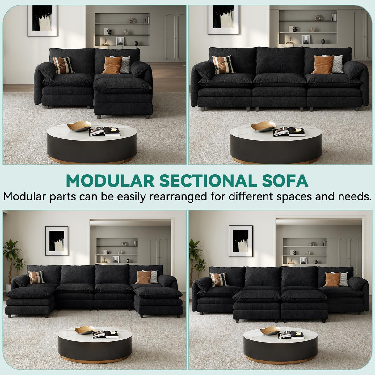YITAHOME 142" Modular Sectional Sofa with Movable Ottoman, U Shaped Velvet Cloud Couch with Pillow-Armrest, Black YITAHOME