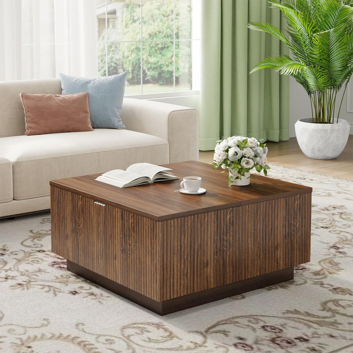 Epecoya Lift Top Coffee Table, Farmhouse Square Fluted Center Table, 31" Modern Wooden Tea Table with Hidden Storage for Living Room, Apartment, Small Spaces, Brown Walnut Epecoya