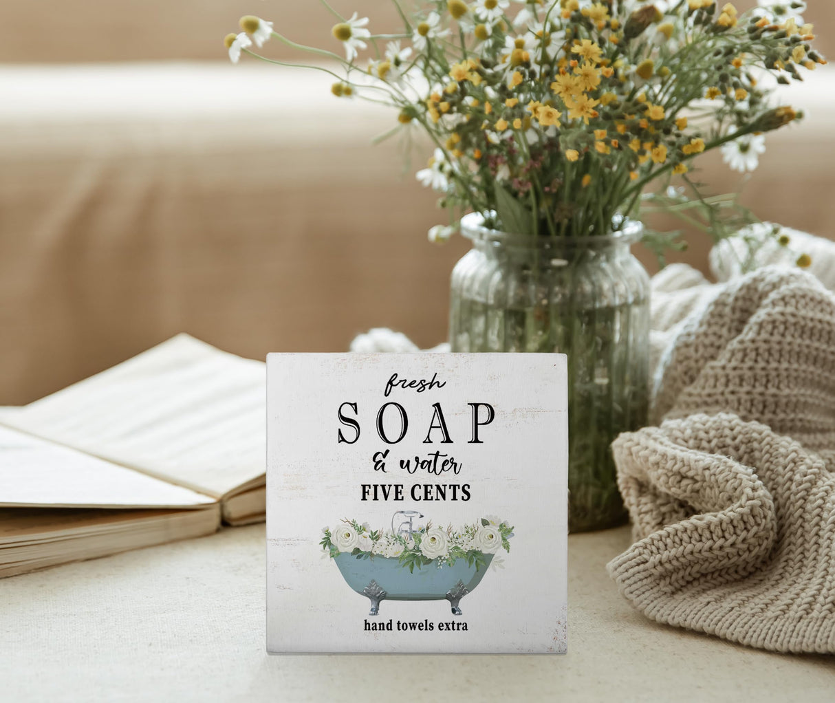 Mtrgdn Bathroom Signs Decor Funny Wood Box Sign,Farmhouse Bathroom Decor Fresh Soap and Water Desk Decor,Rustic Wooden Box Block Plaque Sign Decoration for Bathroom Shelf Table Home Decor 5x5 Inch Mtrgdn