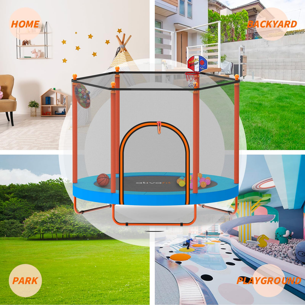 Ativafit 60'' Rebounder Trampoline Indoor Outdoor for Kids Ages 1-8, 5 FT Recreational Toddler Trampoline with Safety Enclosure Net Gifts with Basketball Hoop Dartboard Ocean Ball for Fun ATIVAFIT