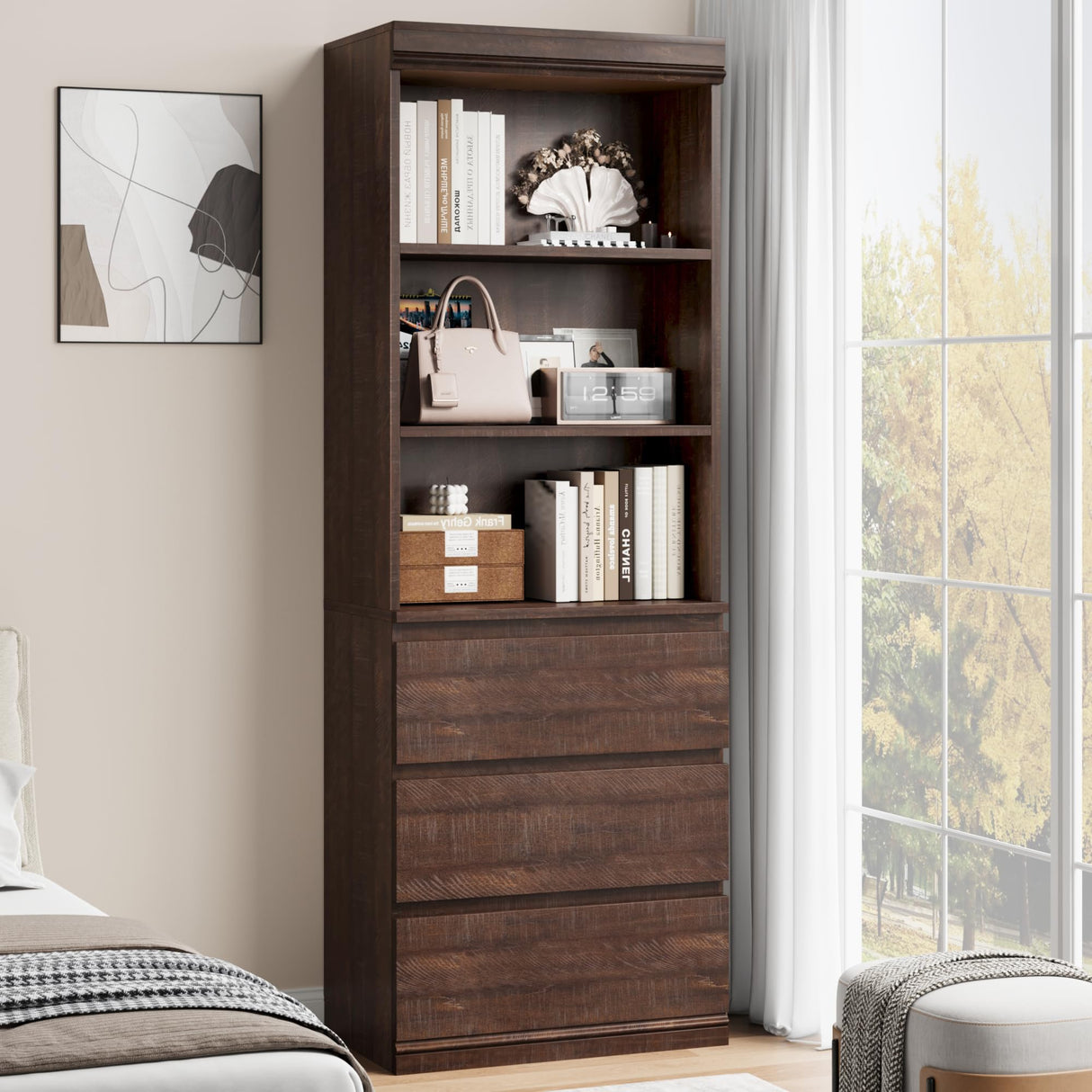 GarveeHome 70" Tall Bookcase with Drawers, Bookshelf w/ 3 Tier Open Shelves & 3 Storage Drawers, Modern Deep Storage Book Shelf Storage Cabinet Organizer for Living Room Office Library (Brown) GarveeHome