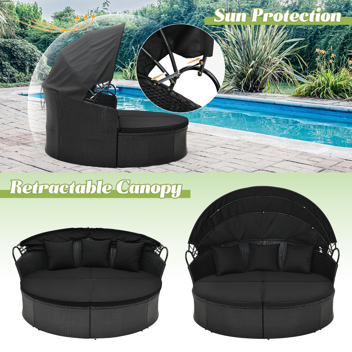 Tangkula Outdoor Patio Round Daybed with Retractable Canopy, Black Rattan Wicker Furniture Sectional Seating with Cushions and Throw Pillows, Seating Separates Cushioned Seats for Backyard (Black) Tangkula