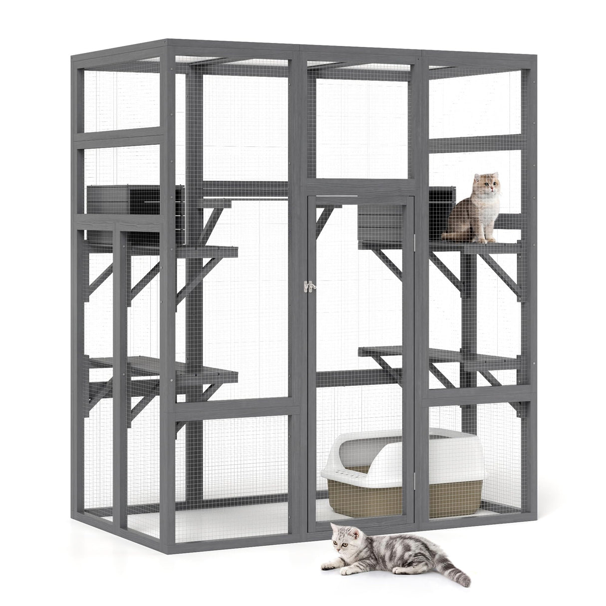 NYEEKOY 71Inches Large Wood Catio Outdoor Cat Enclosure with Perches and Condos, Cat House Indoor with Waterproof Roof, Cat Shelter 7 Platforms & 2 Resting Box, UV Resistant (Grey) Nyeekoy