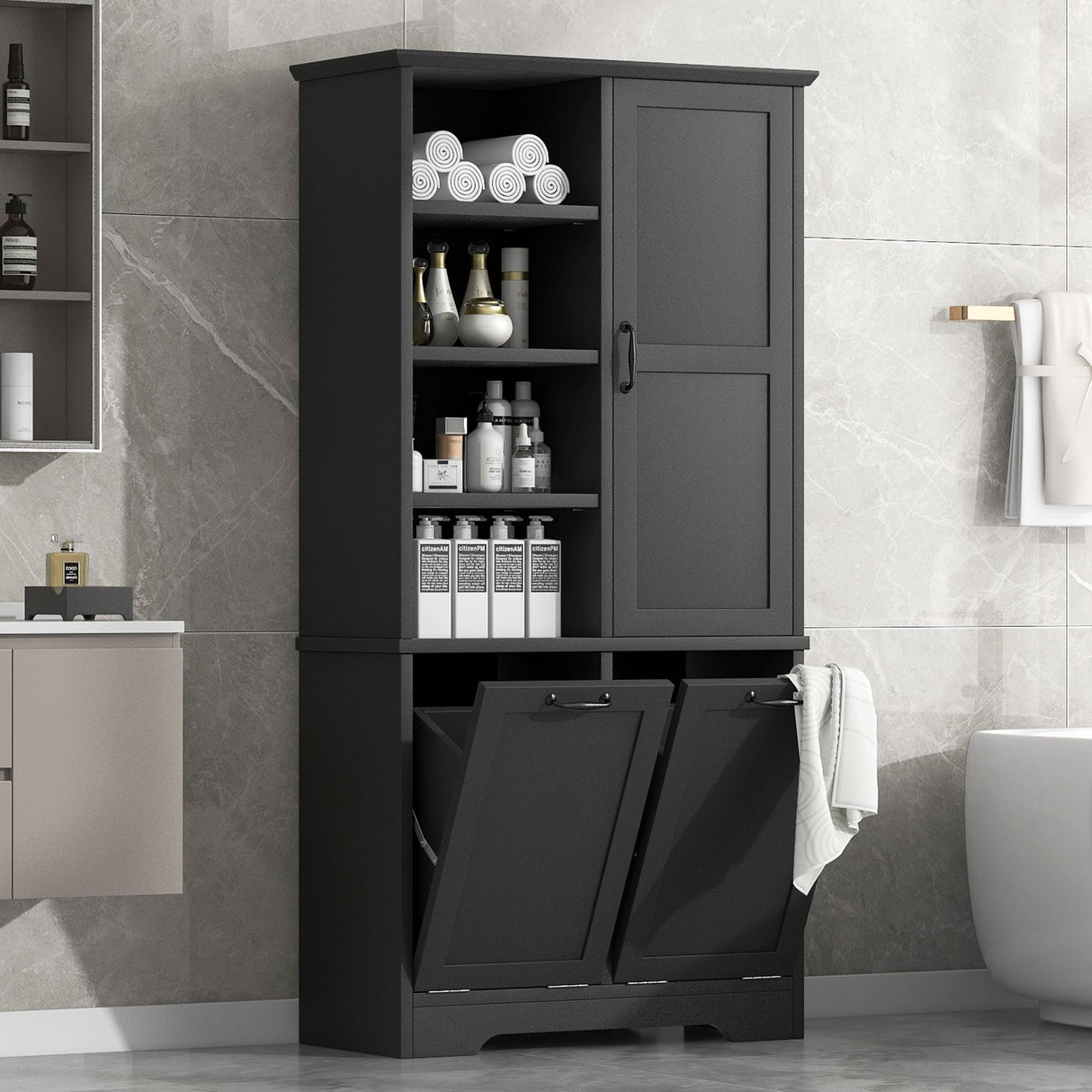 68” Tall Bathroom Storage Cabinet with 2 Tilt Out Laundry Hamper, Freestanding Bathroom Storage Cabinet with Door and Adjustable Shelves, Black Bellemave