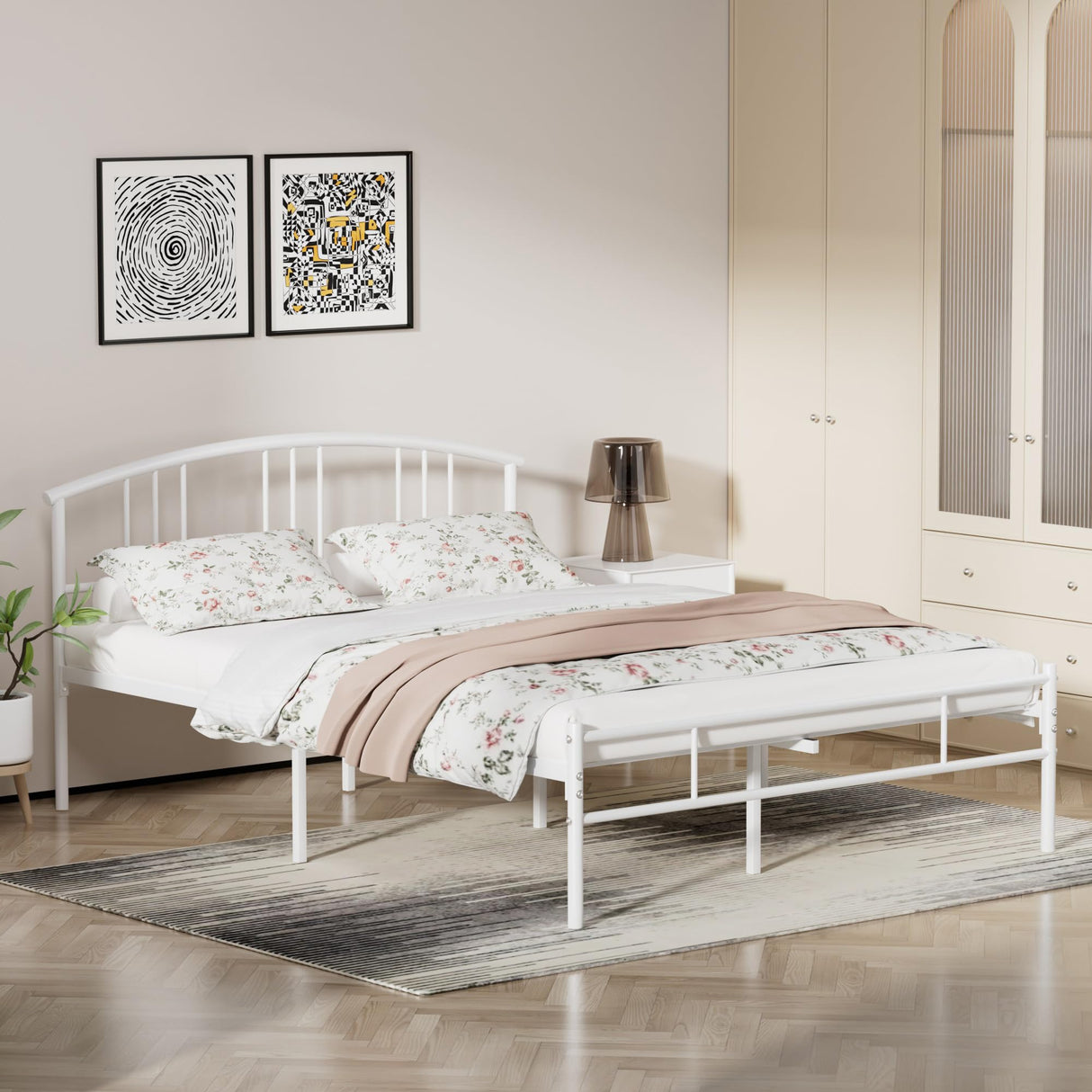 VECELO 14 inch Queen Bed Frame White Beds Metal Platform Mattress Foundation with headboard Footboard Steel Slat Support/No Box Spring Needed/Easy Assembly VECELO