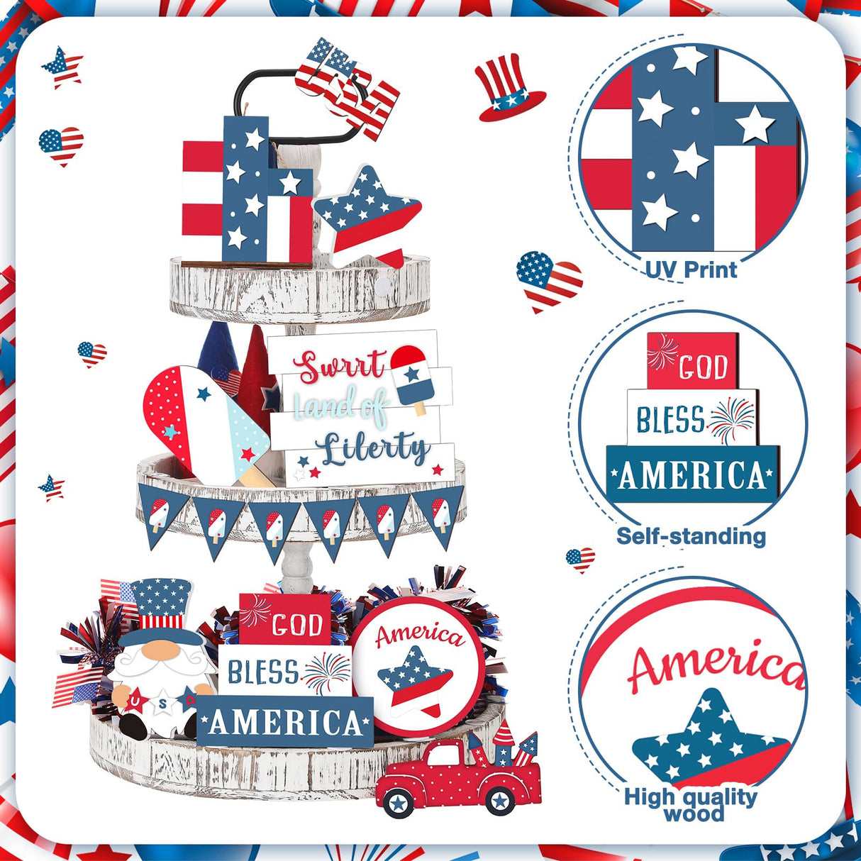 FairySandy 15 Pcs 4th of July Tiered Tray Decor Patriotic Table Decoration Memorial Day Independence Day Wooden Sign Red White Blue Gnome USA Flag Tiered Tray Decor Set for Home Table FairySandy