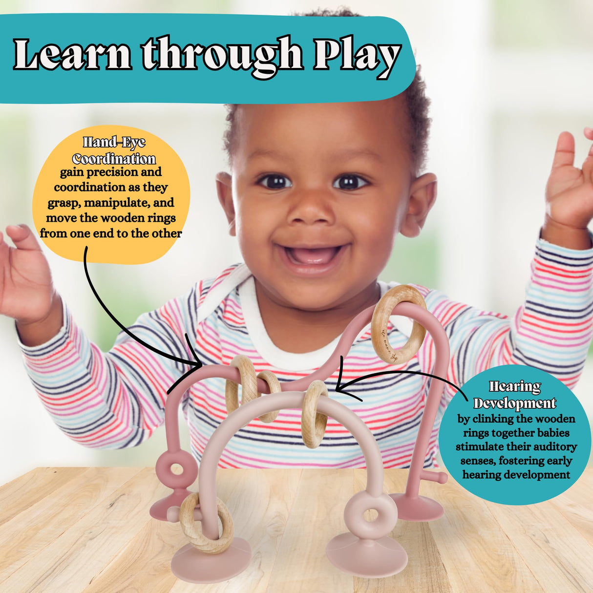 Eco Mama Shop: Silicone and Wood Table Top Toy and Teether, Montessori Educational Toys for Infant Toddlers, High Chair Toys with Suction Cups, Silicone Teething Toys (Dark Pink and Dusty Rose) Eco Mama Shop