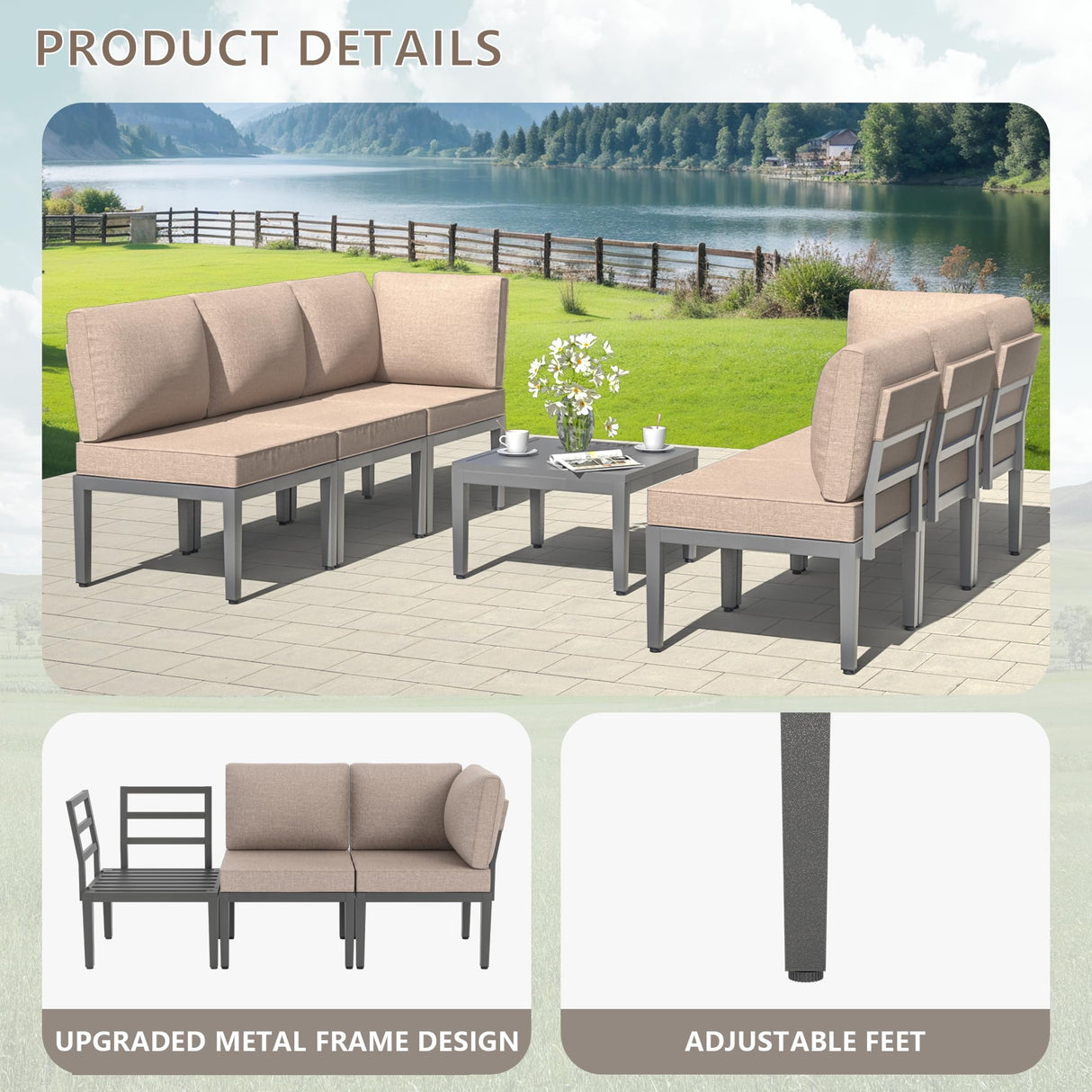 Kullavik Patio Furniture Set,7 Pieces Metal Modern Outdoor Furniture,Outdoor Sectional Sofa w/5.1" Cushions and Coffee Table for Patio,Backyard,Sand Kullavik