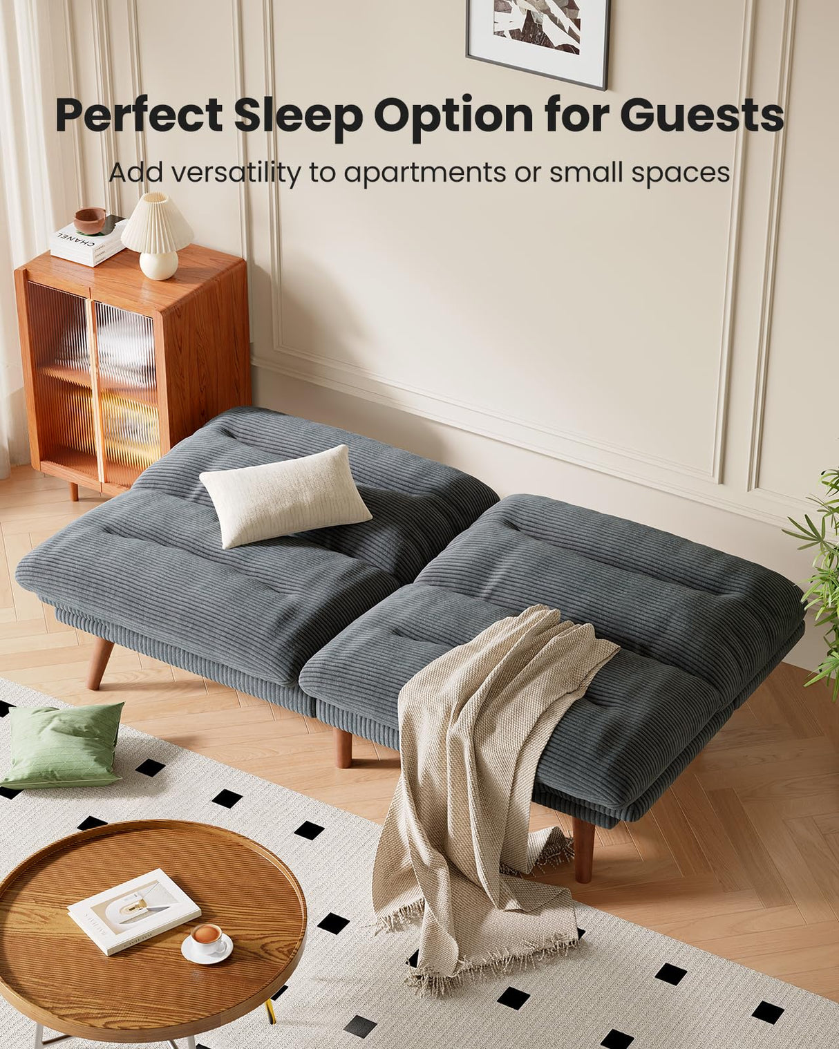 Pipishell Futon Sofa Bed, 73" Convertible Futon Couch, Adjustable Backrest & Armrests, Corduroy Recliner Sleeper Sofa for Small Spaces, Living Room, Office, Guest Room (Grey, 73 in) Pipishell