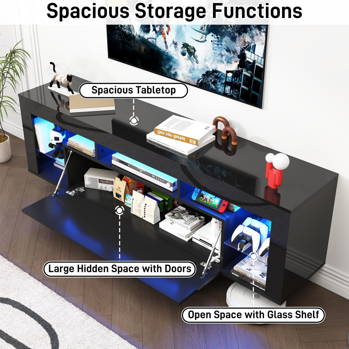 chartustriable 63" Floating High Gloss LED TV Stand for 75" TVs, Wall-Mounted Entertainment Center, Modern Media Console with Open Adjustable Glass Shelf and Hidden Storage Cabinet, Black chartustriable