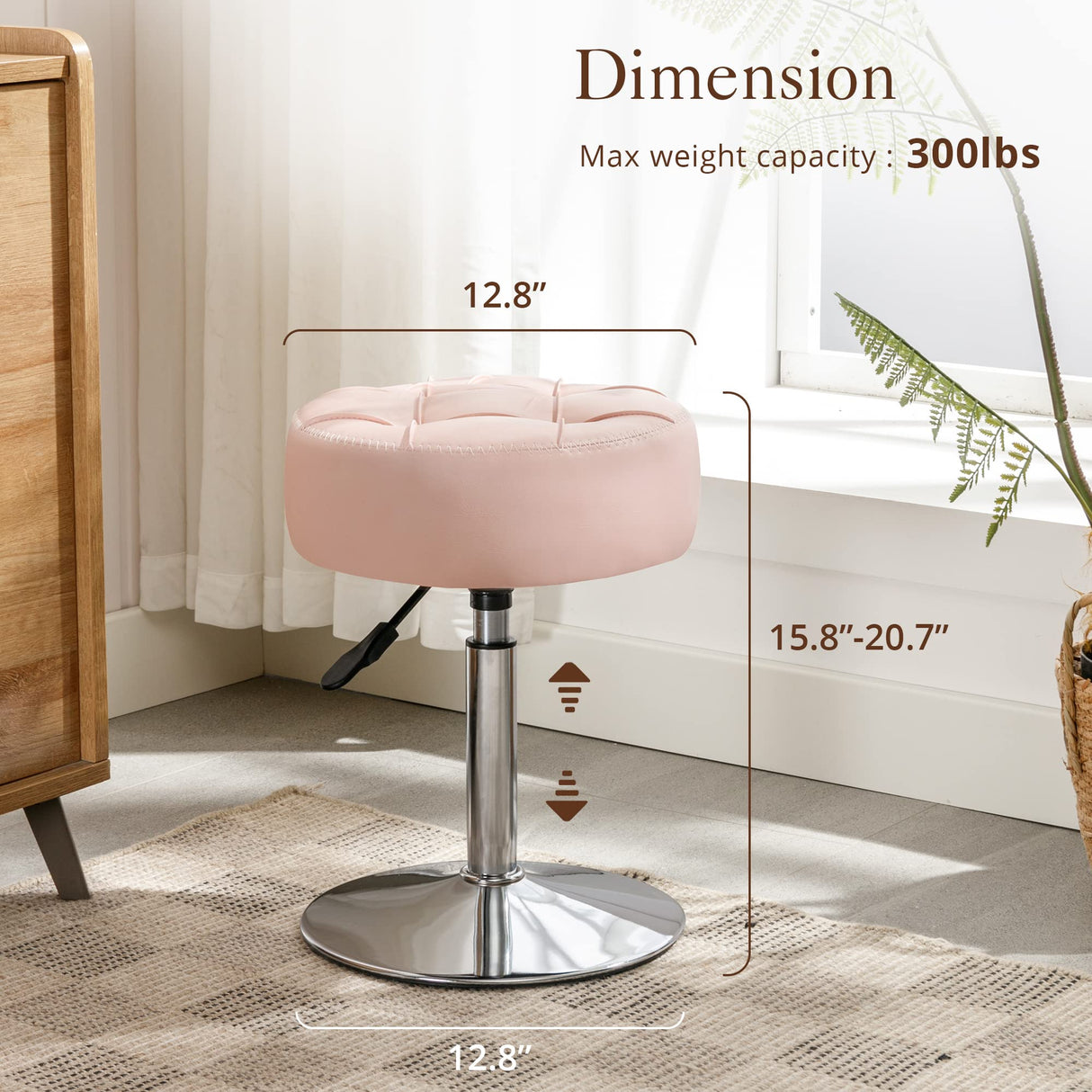 LUE BONA Adjustable Vanity Stool, 360°Swivel Vanity Chair Stool for Makeup Room, Pink Stool Chair for Vanity, Small Faux Leather Vanity Stool for Bathroom, Living Room LUE BONA