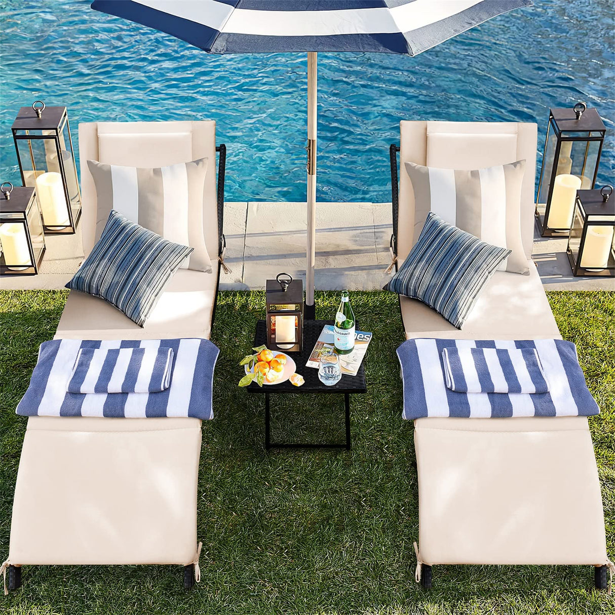 GUNJI Lounge Chairs for Outside 3 Pieces Patio Adjustable Chaise Lounge Outdoor Wicker Lounge Chairs Set of 2 with Table Folding Chaise Lounger for Poolside, Deck, Lawn (Beige) GUNJI