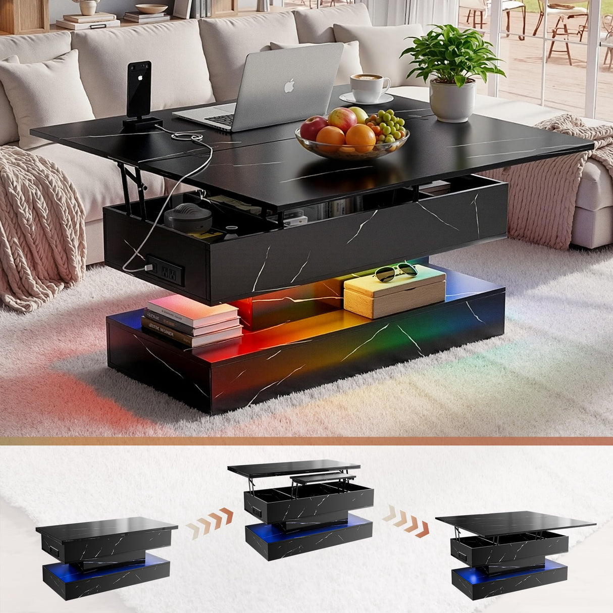 40" Lift Top Coffee Table, Multi-Function Convertible Workstation Table with Storage & Charging Station, Modern Faux Marble Design for Living Room & Small Spaces Fabulcozy