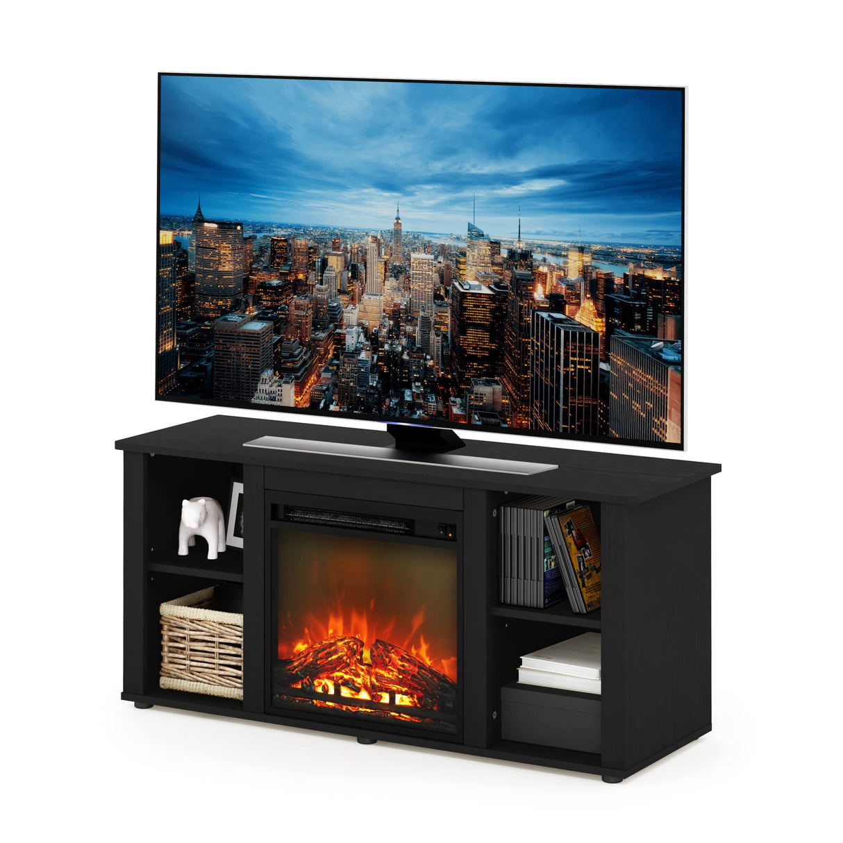 Furinno Jensen Entertainment Center Stand with Fireplace for TV up to 55 Inch, Americano, Corded Electric, Adjustable Furinno