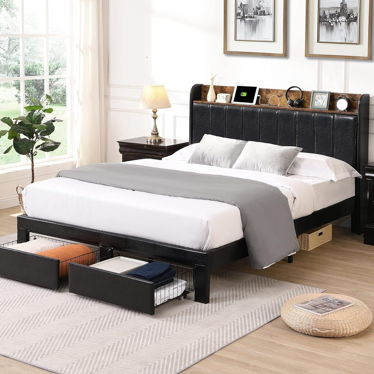King Size Bed Frame with Headboard, Upholstered Platform Bed Frame with Charging Station & 2 Storage Drawers, Sturdy Wooden Slats Support, No Box Spring Needed, Easy Assembly, Noise Free, Black XKLOGER