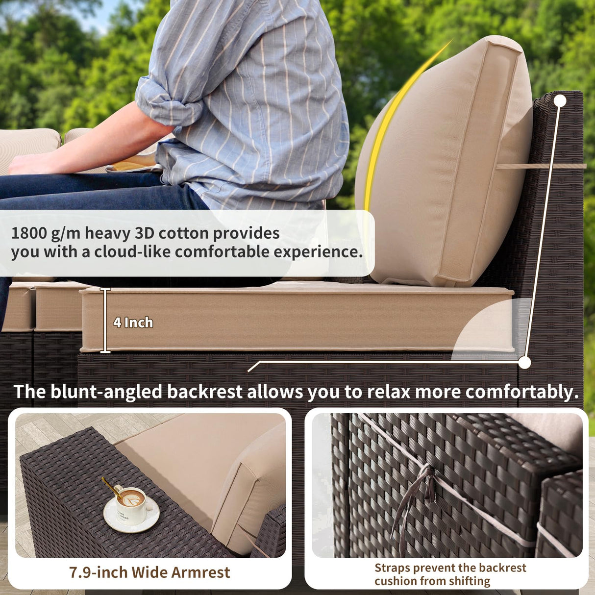 Gotland 6 Pieces Patio Furniture Set with 1 Coffee Table, 5 Seater Rattan Outdoor Sectional with Wide Armrests 29.5'' High Backrest Thick Waterproof Cushions, Conversation Sets for Deck Garden Khaki Gotland