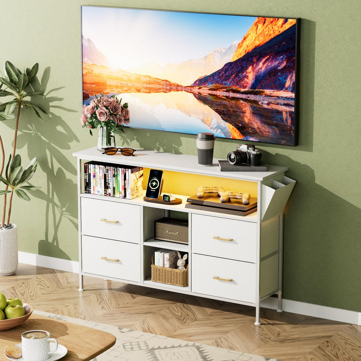 YILQQPER Dresser TV Stand with Power Outlet for 50'' TV, White TV Stand with LED, Storage Cabinet TV Stand, Entertainment Center with 4 Deep Drawers, Wide Chest of Drawer for Storage in Bedroom YILQQPER