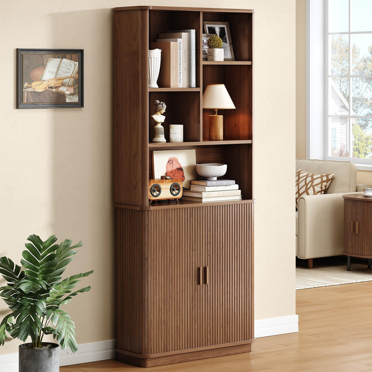 ONBRILL 71" Tall Cube Bookcase, Curved Bookshelf with Storage Cabinet & Adjustable Storage Shelf, Freestanding Wood Bookcase with Sliding Door & Sturdy Pedestal, for Home Office, Living Room, Walnut ONBRILL