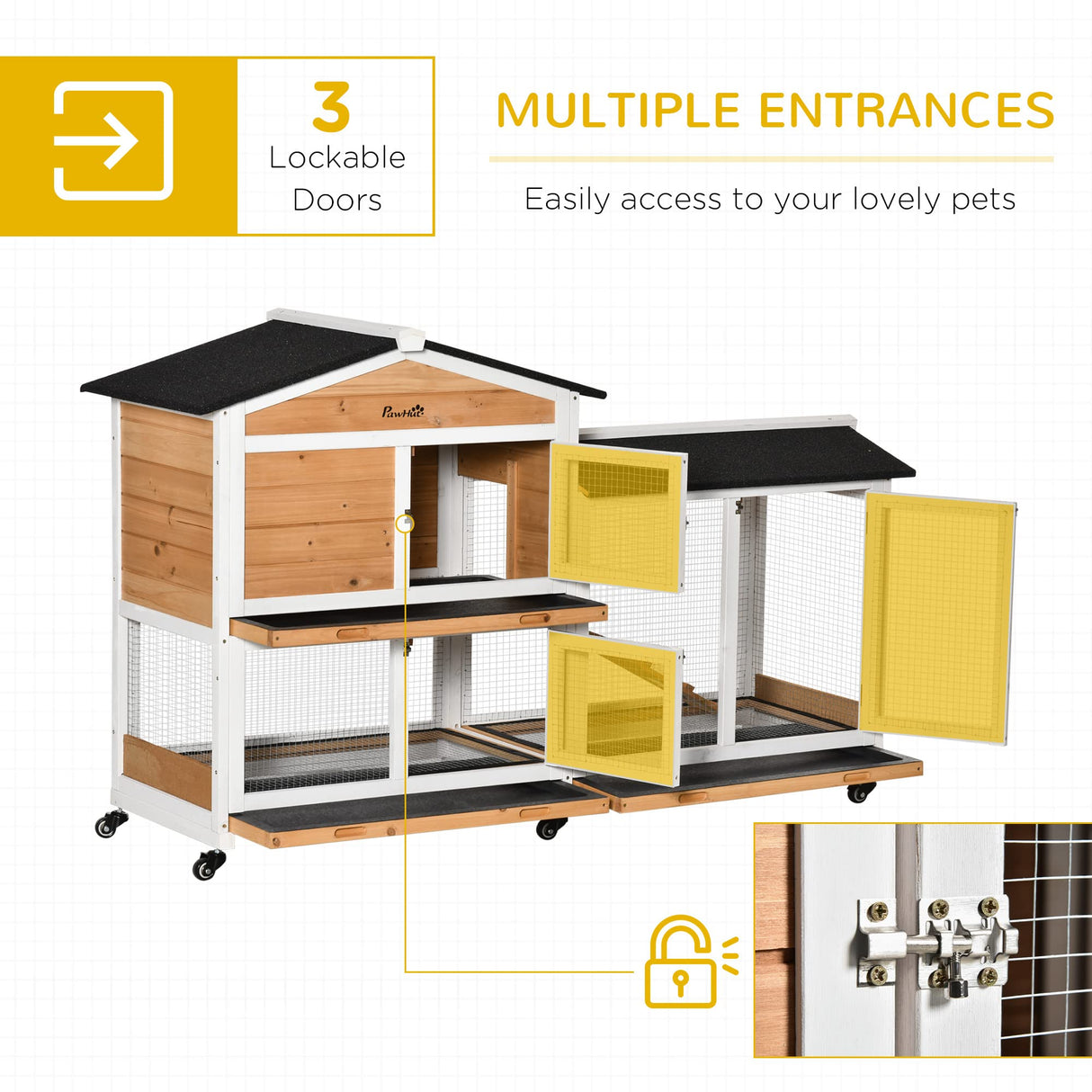 PawHut 62" Rabbit Hutch, Wooden Bunny Hutch, Guinea Pig Cage, Small Animal Enclosure with Wheels, Run Area, Removable Tray, Asphalt Roof, Lockable Doors and Ramp, Nature Wood PawHut